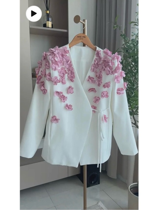 Jackets & Blazers - White Women’s Jacket with Pink Floral Appliqué - Elegant Wrap Style